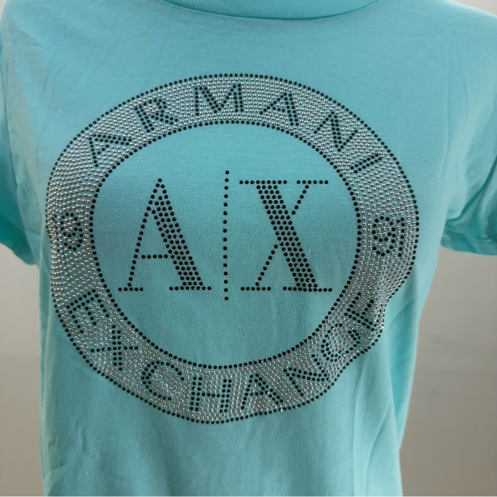 💎 Armani Exchange Aqua Blue Rhinestone Logo Tee (NWT) - Picture 8 of 14